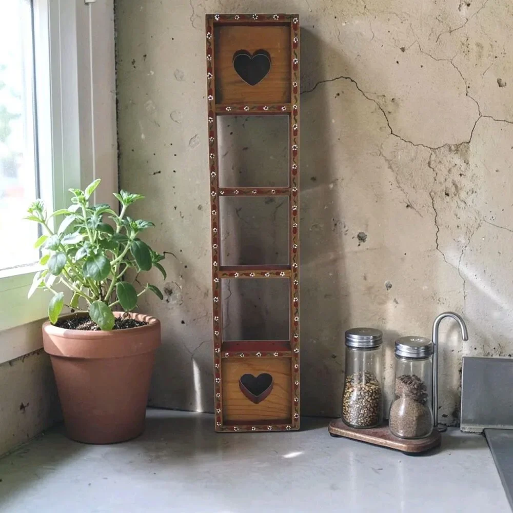 Wood Wall Mounted Trinket Curio Shelf Hand Painted Heart Cutouts 17 x 3.75